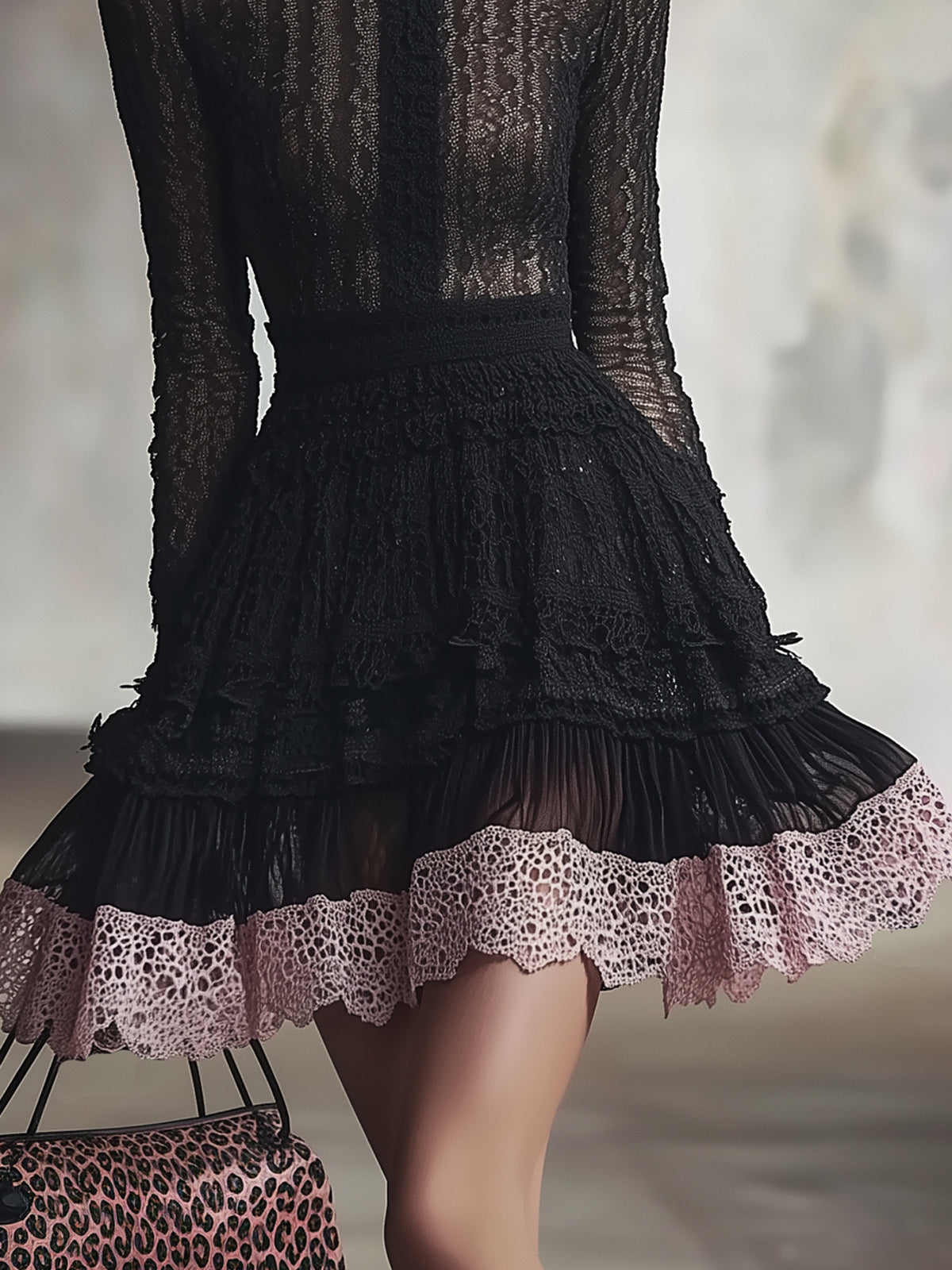 Black Lace Semi Sheer Ruffle Turtleneck Long Sleeve Mini Dress