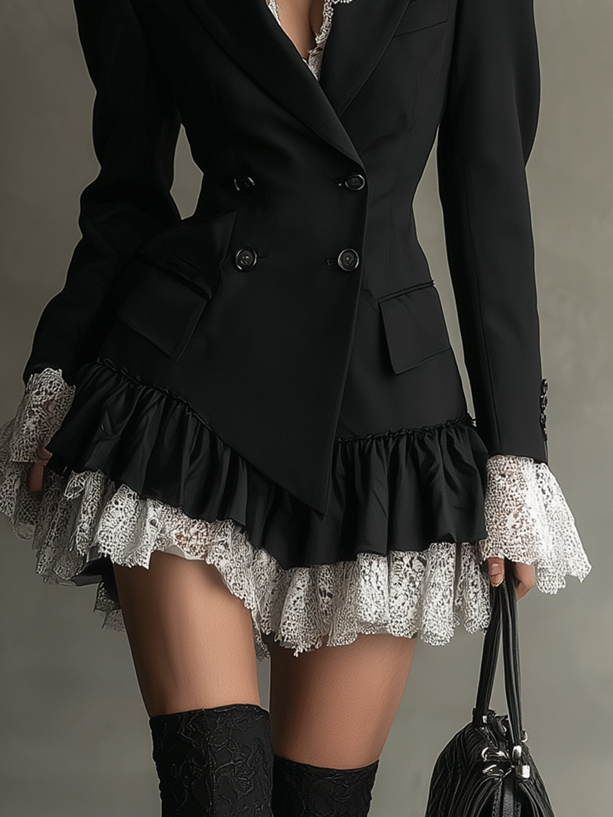 Black Lace Trim Blazer Mini Dress With Ruffled Hem And Puff Shoulders