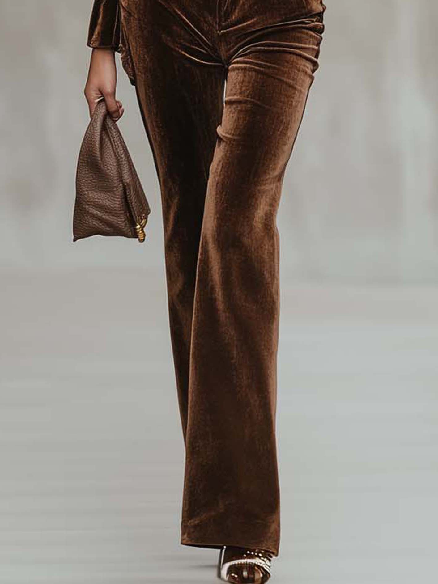 Double-breasted Brown Velvet Jumpsuit With Stylish Trim