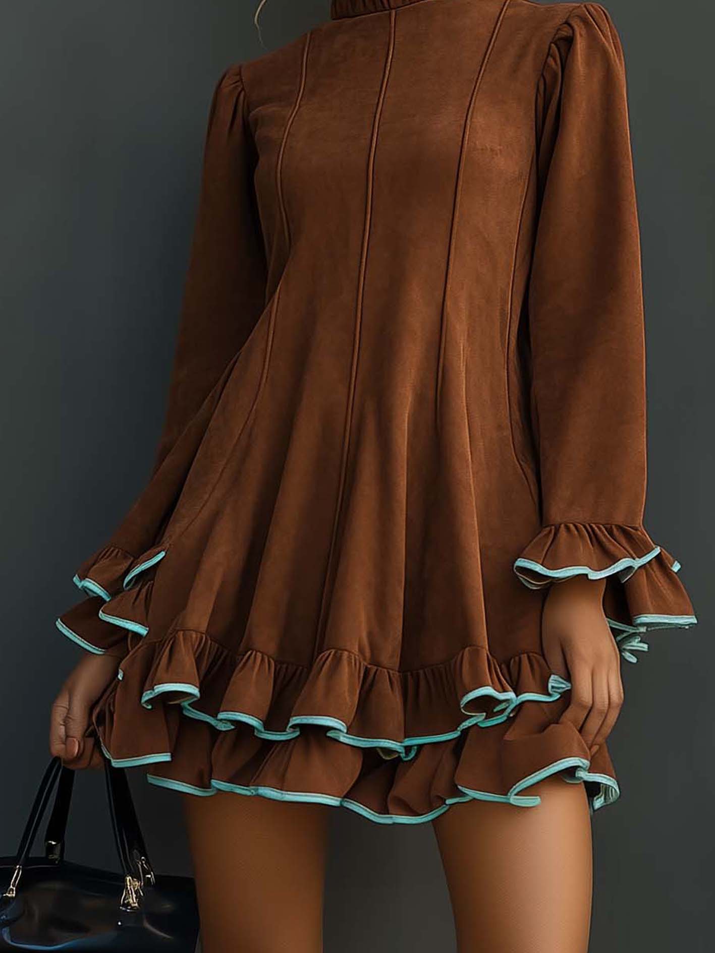 Brown Faux Suede Mini Dress With Mint Green Hem