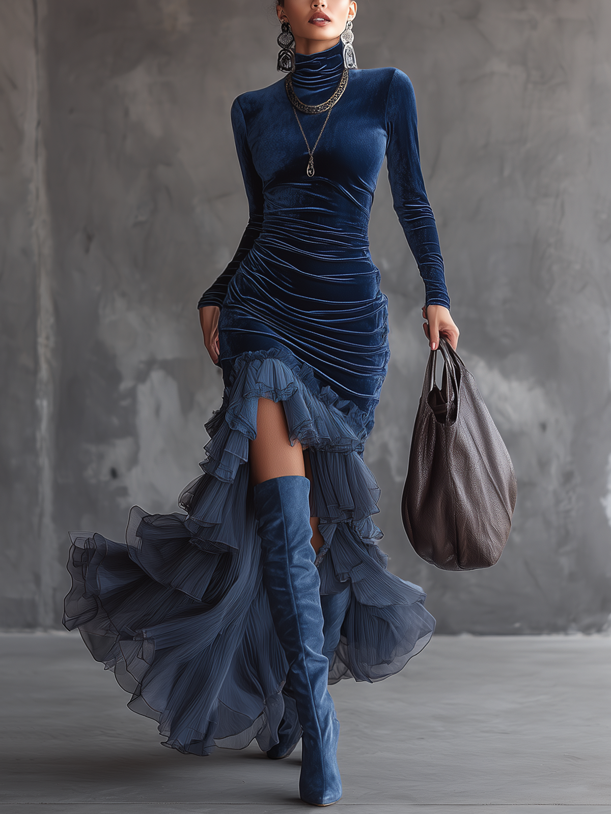 Dark Blue Velvet Pleated And Layered Tulle Ruffle Maxi Dress