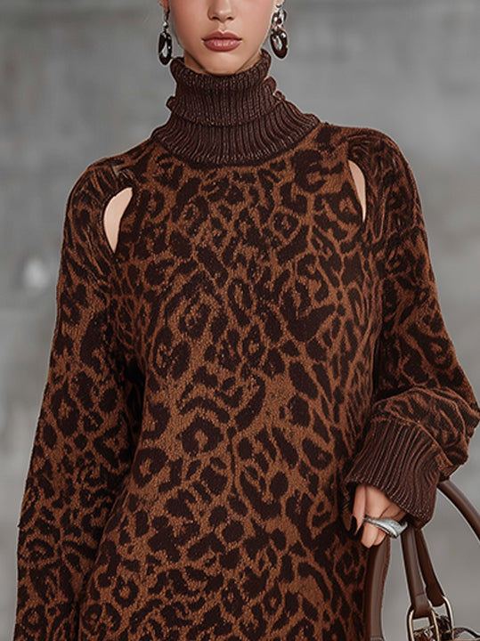 Brown Leopard Print Oversized Turtleneck Sweater Dress