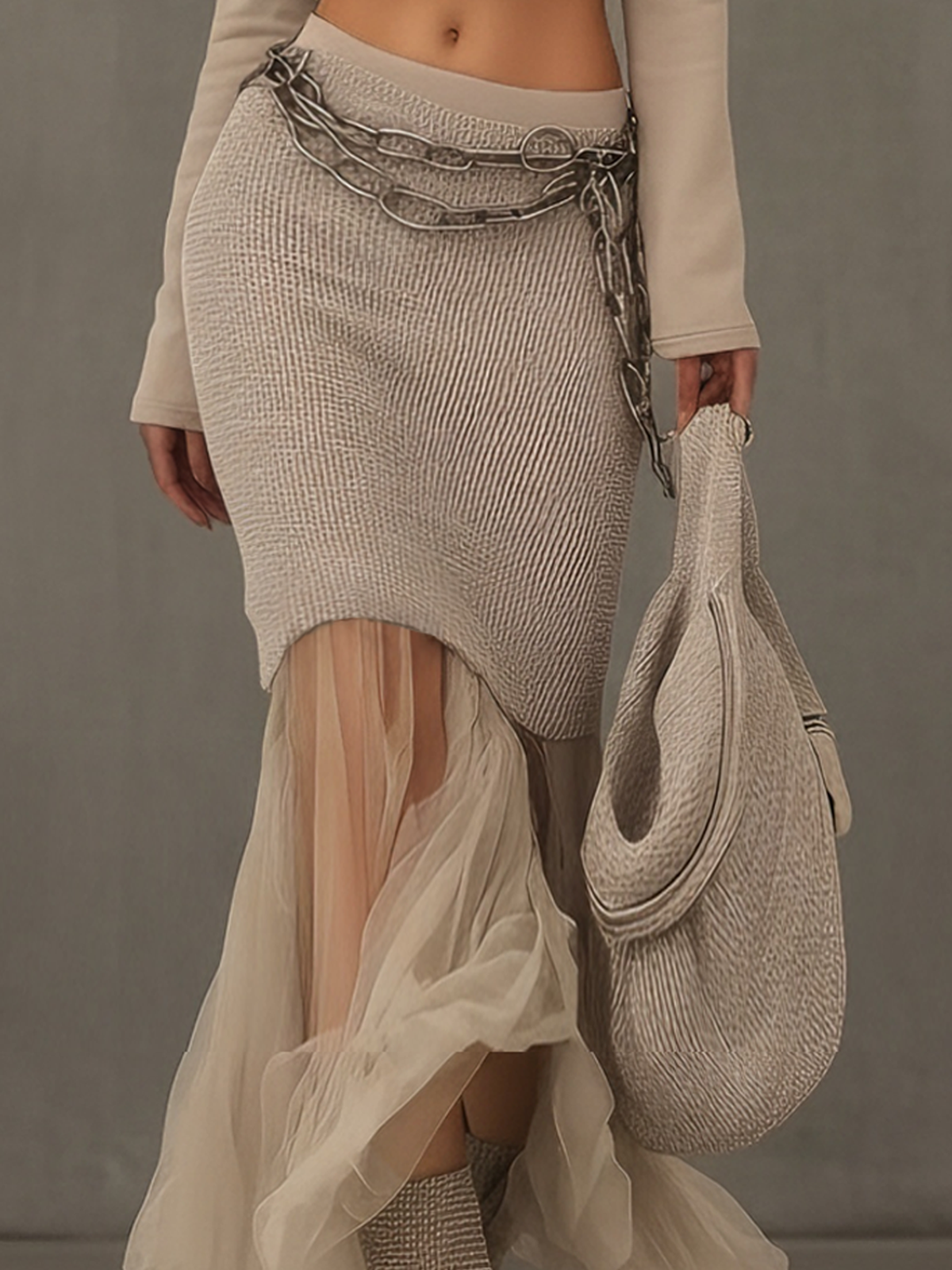 Beige Hooded Crop Top And Sheer Knit Skirt Two-piece Set
