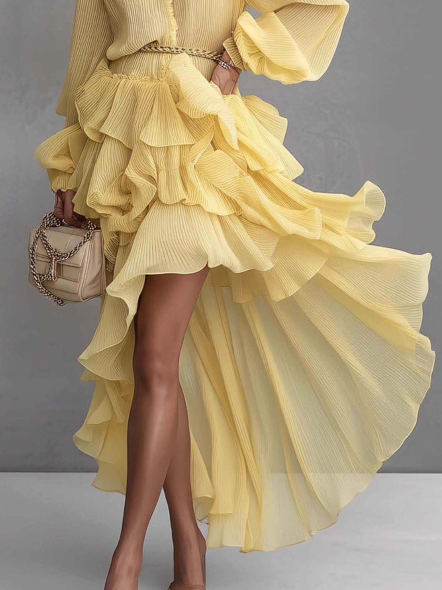 Yellow Textured Chiffon Patchwork Ruffle Irregular Hem Maxi Dress
