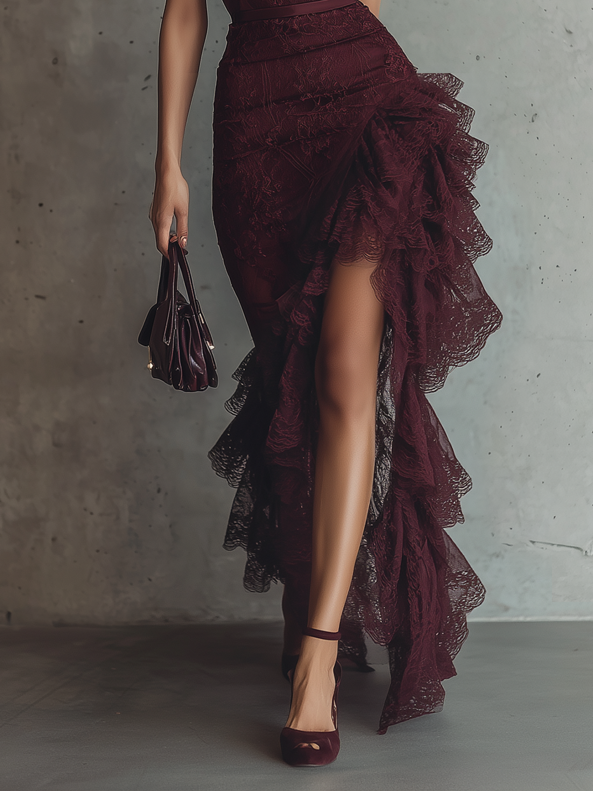 Red Lace High-Neck Ruffled Asymmetrical Evening Dress