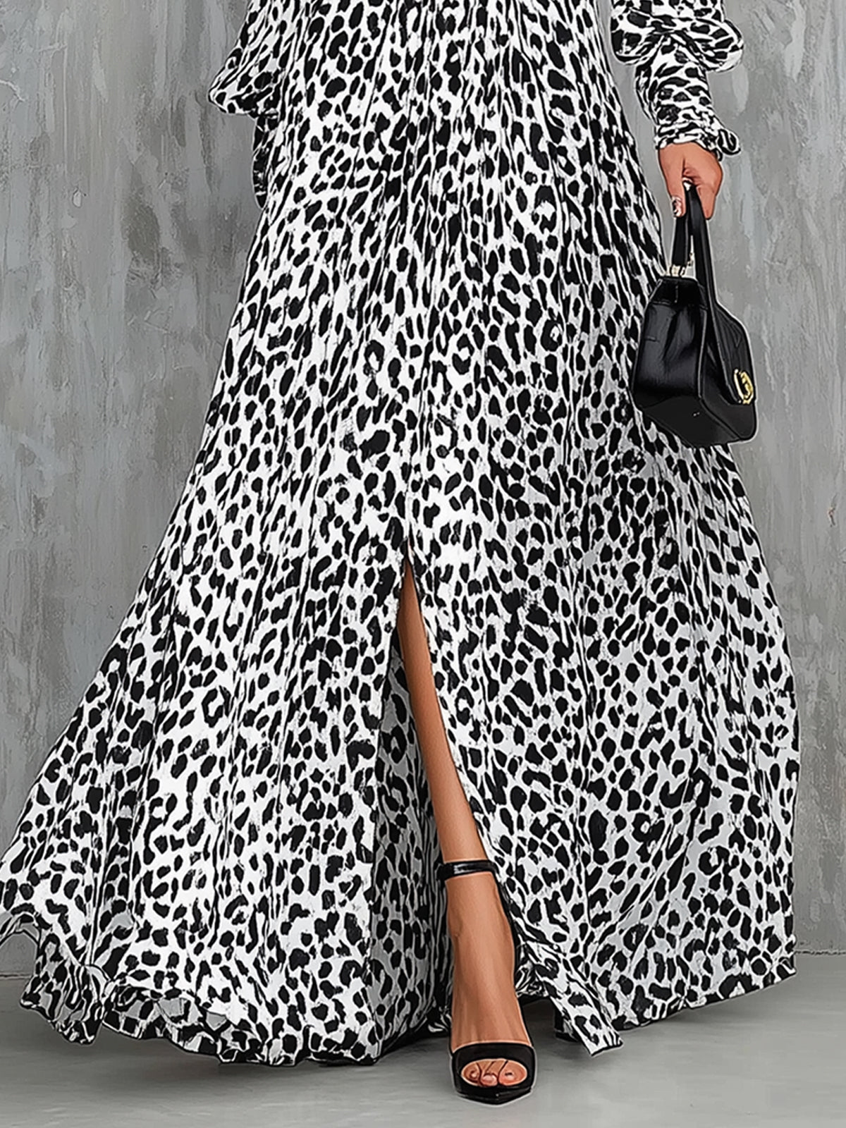 Black And White Leopard Print V-Neck Maxi Dress With Belt