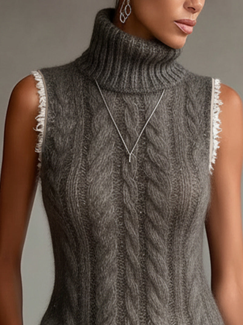 Gray Cable-Knit Sleeveless Turtleneck Sweater