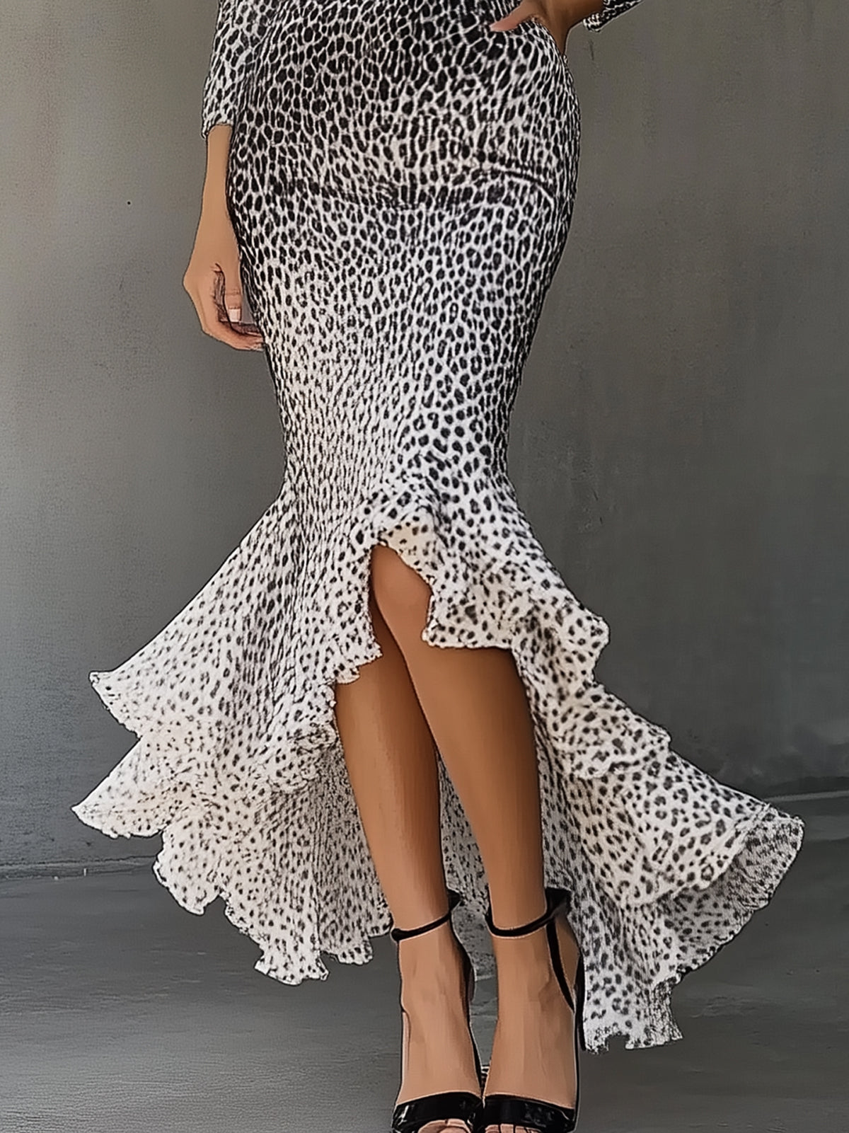 Black White Leopard Print Ruffled Belted Deep V Cold Shoulder Maxi Dress