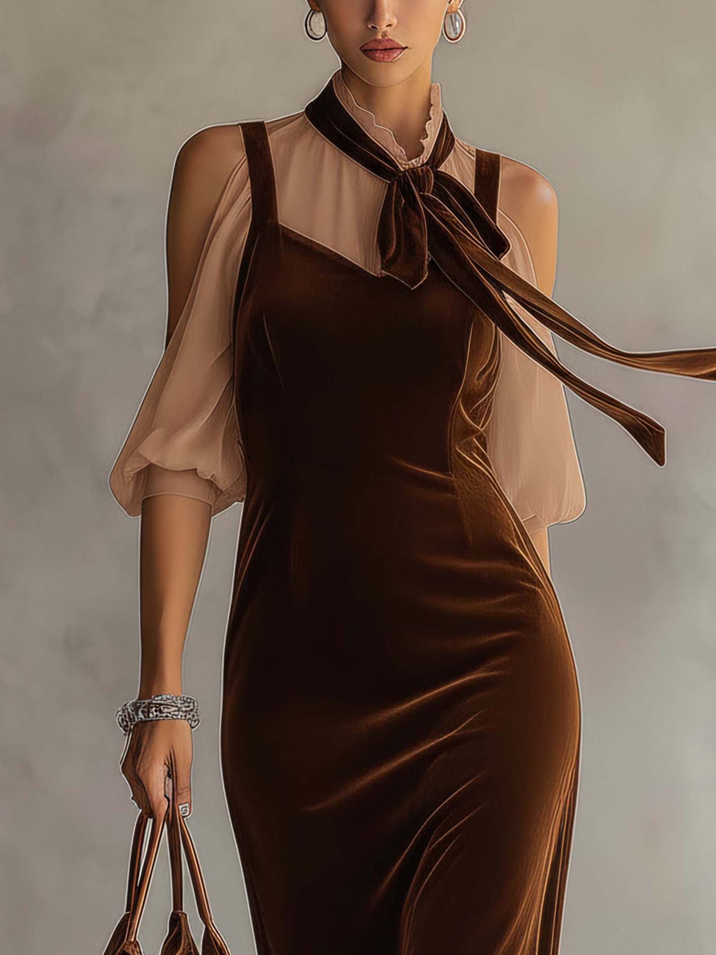 Brown Velvet Bodycon Dress With Chiffon Contrast Layer And Bow Tie Neck