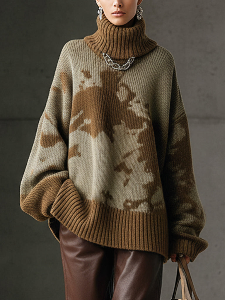Green Camouflage Loose Turtleneck Long Sleeve Sweater