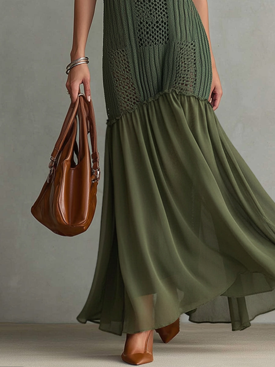 Green Sleeveless Knit Chiffon Mermaid Maxi Dress