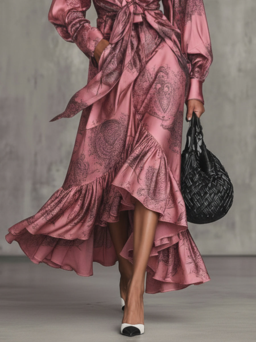 Pink Satin Printed Tie Front Ruffle Maxi Dress