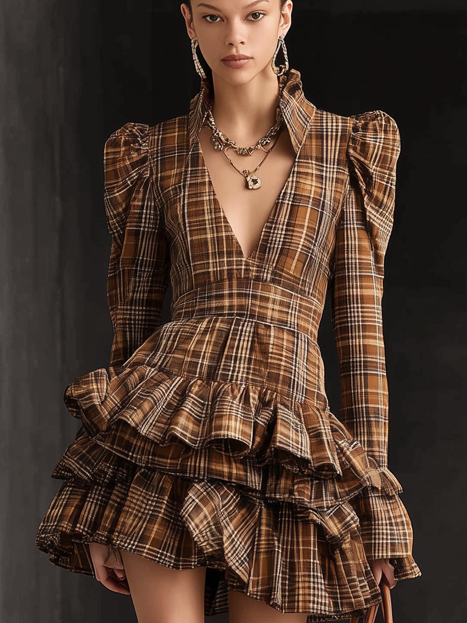 Brown Vintage Plaid Ruffled V-Neck Long Sleeve Mini Dress