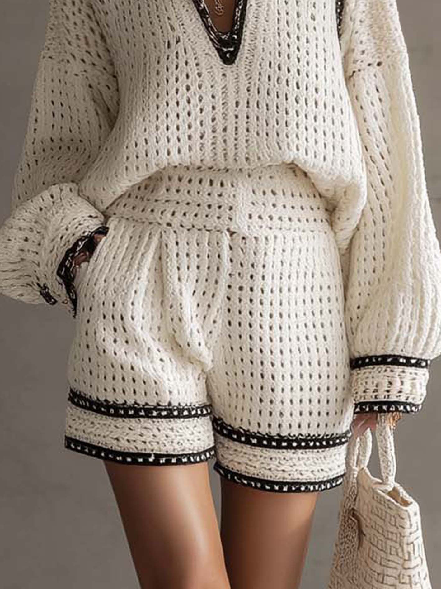 White Knit Textured Sweater Top And High-Waist Shorts With Black Trim Set