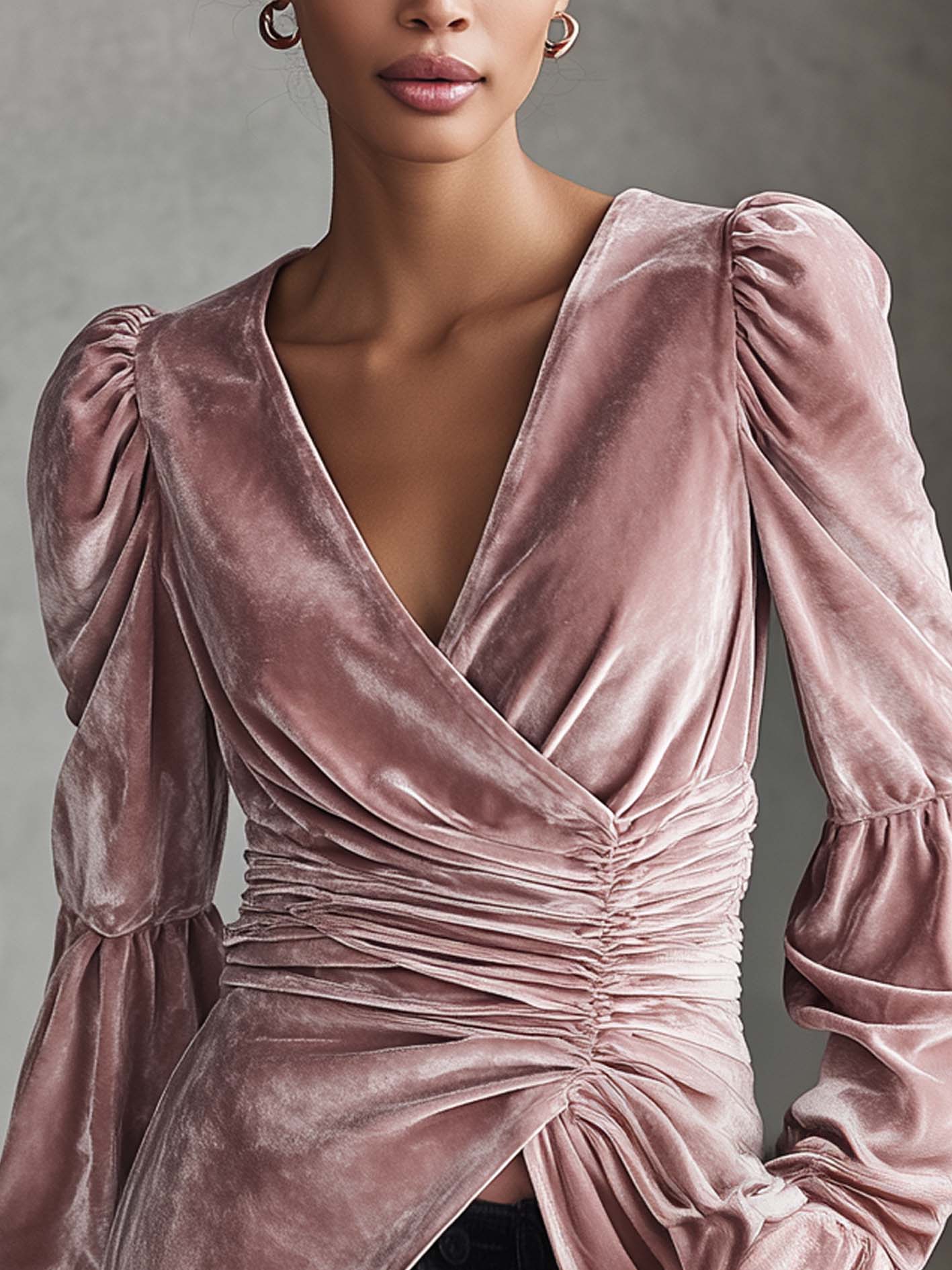 Pink Velvet Ruched Wrap Shirt With Puff Sleeves