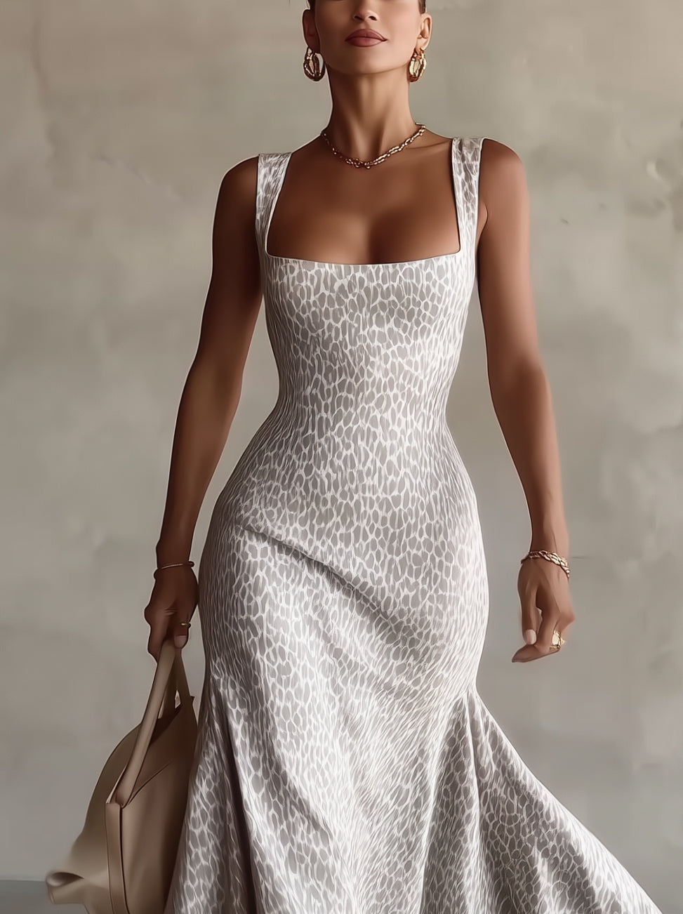 Ivory Square-Neck Jacquard Flare Midi Dress