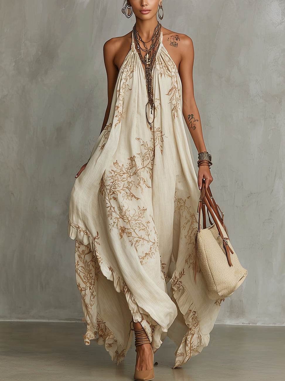 Beige Floral Print Halter Neck Boho Maxi Dress