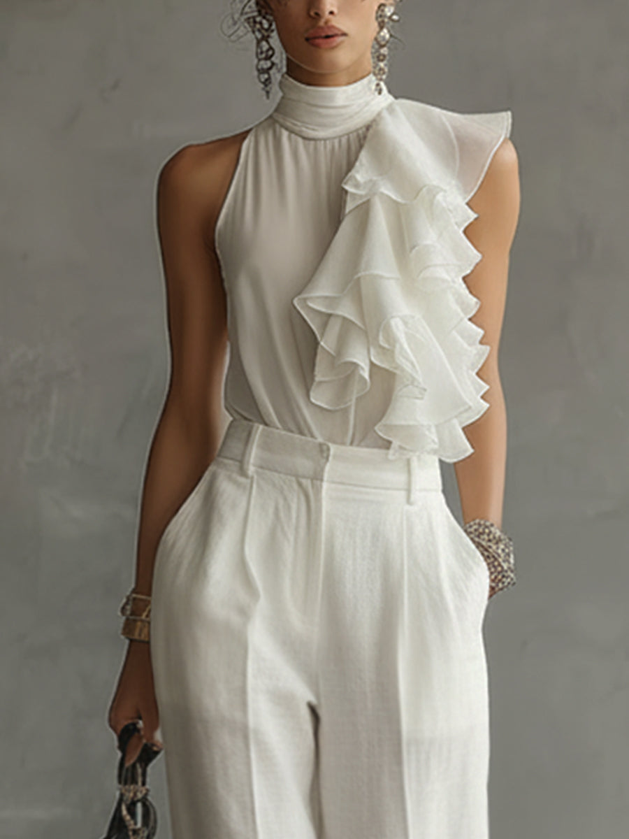 Ivory Chiffon Sleeveless Ruffle High-Neck Blouse And Linen Trousers Set