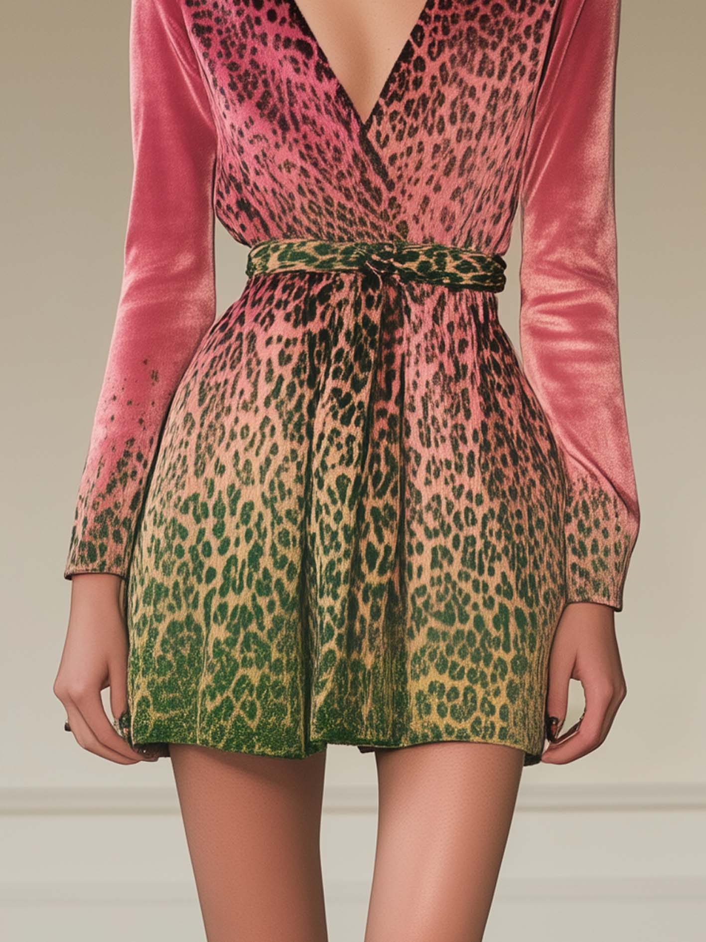 Pink Velvet Mini Dress With Green Leopard Print And Belt