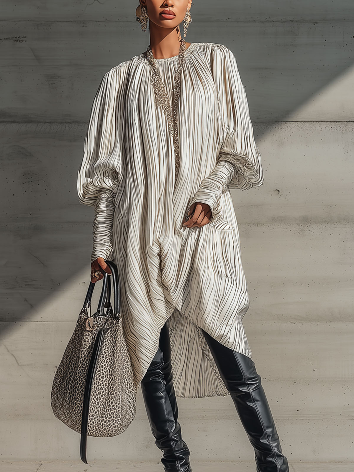 White Polyester Midi Pleated Loose Dress