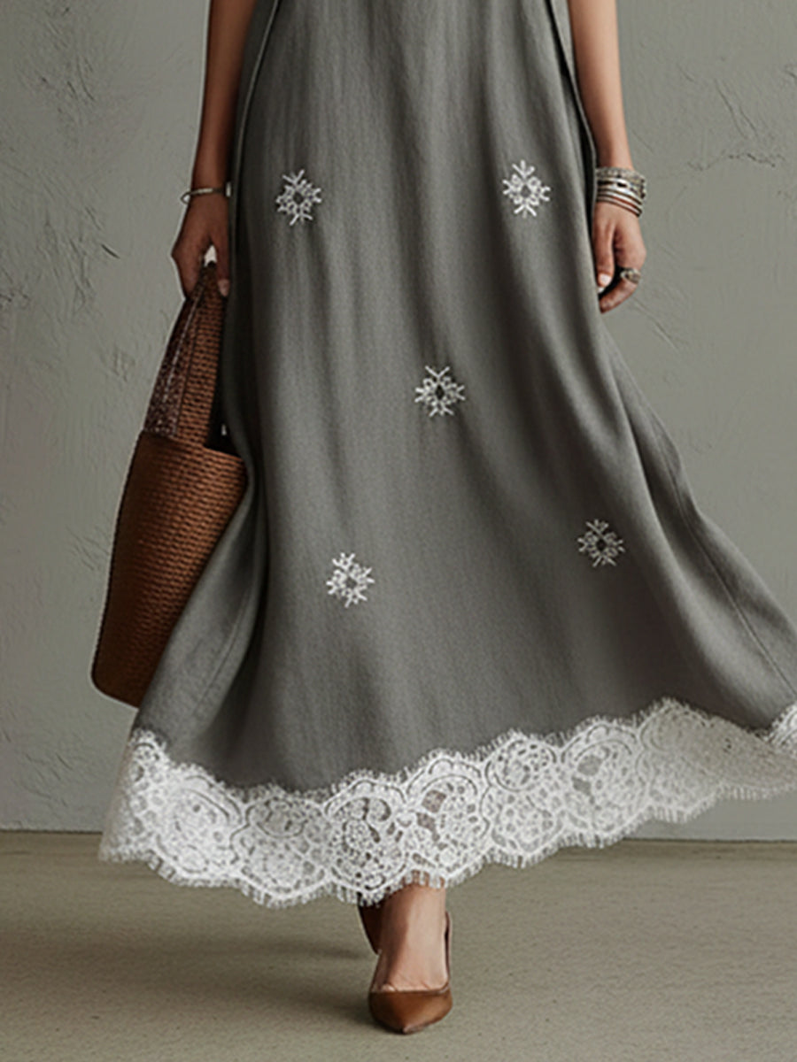 Gray Cotton Linen Blend Sleeveless Embroidered Lace Maxi Dress