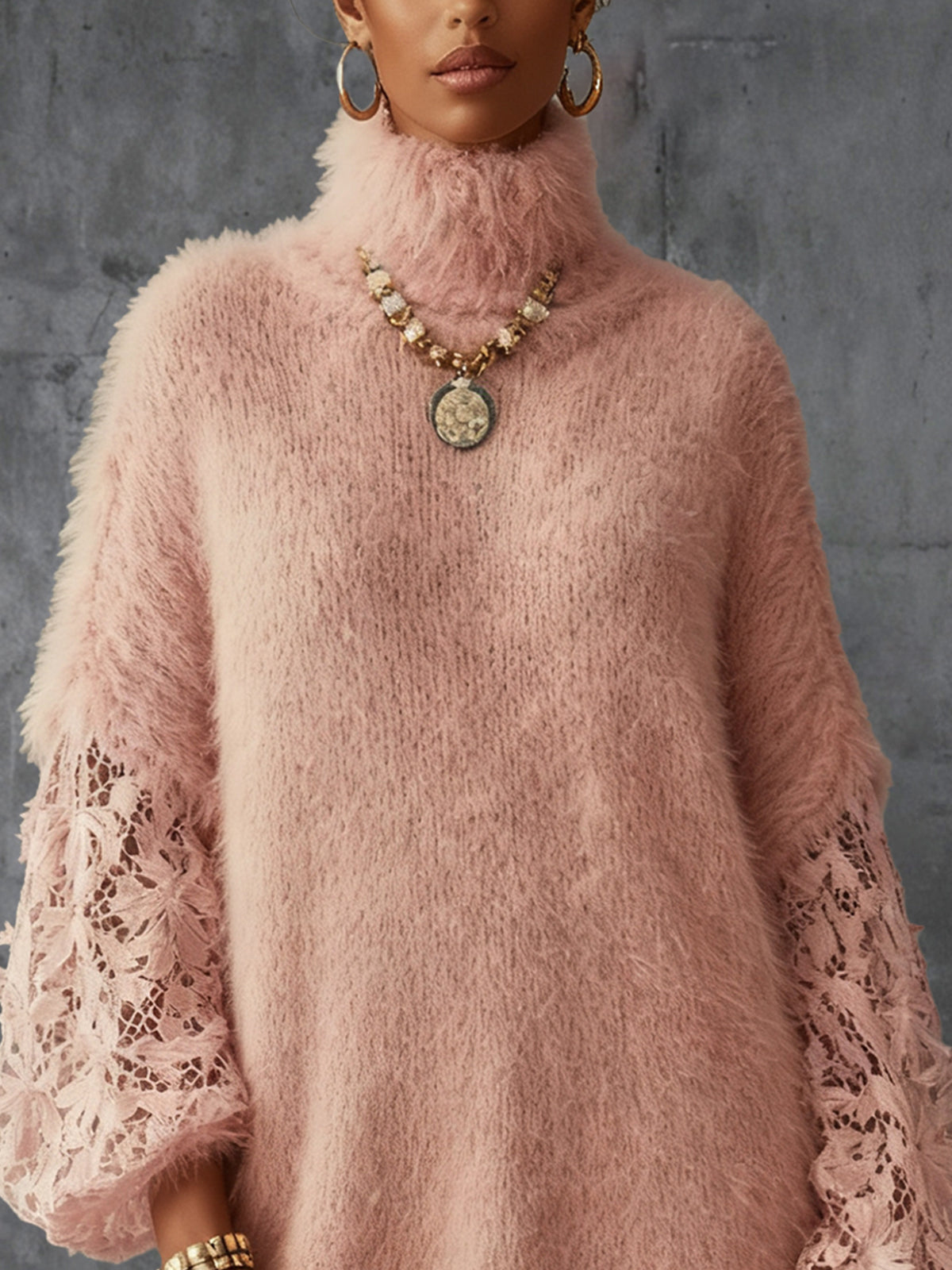 Pink Fuzzy Knit Dress With Lace Sleeves