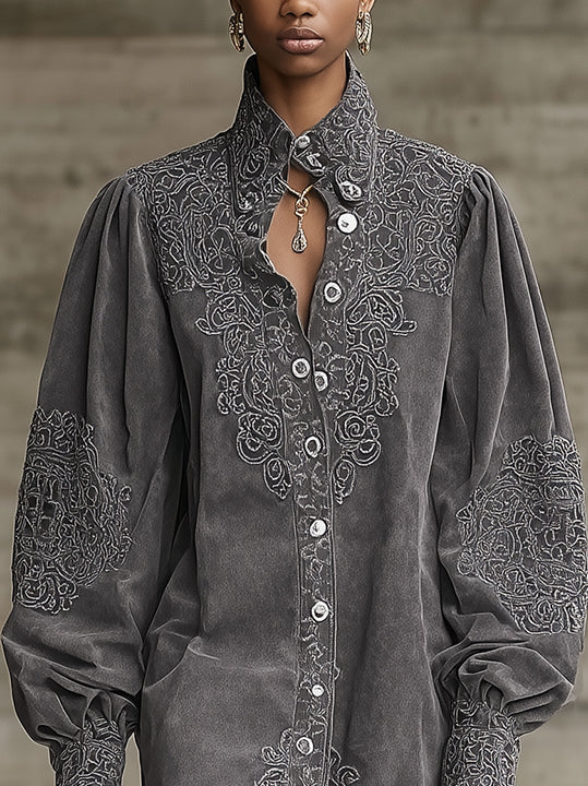 Gray Embroidered Faux Suede Mini Dress