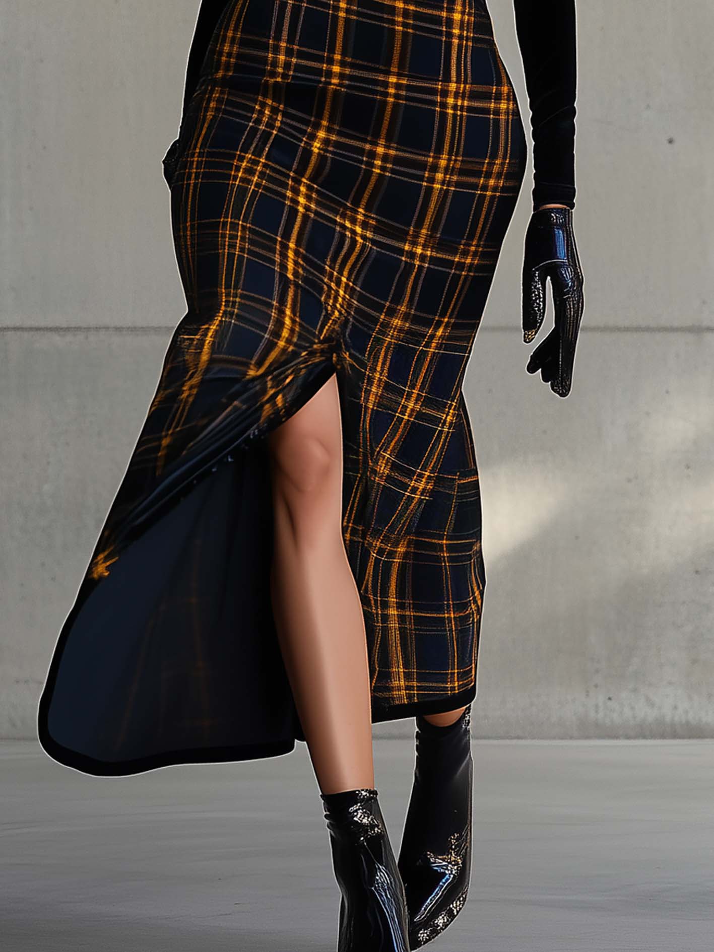 Black Velvet Bodycon Dress With Yellow Plaid