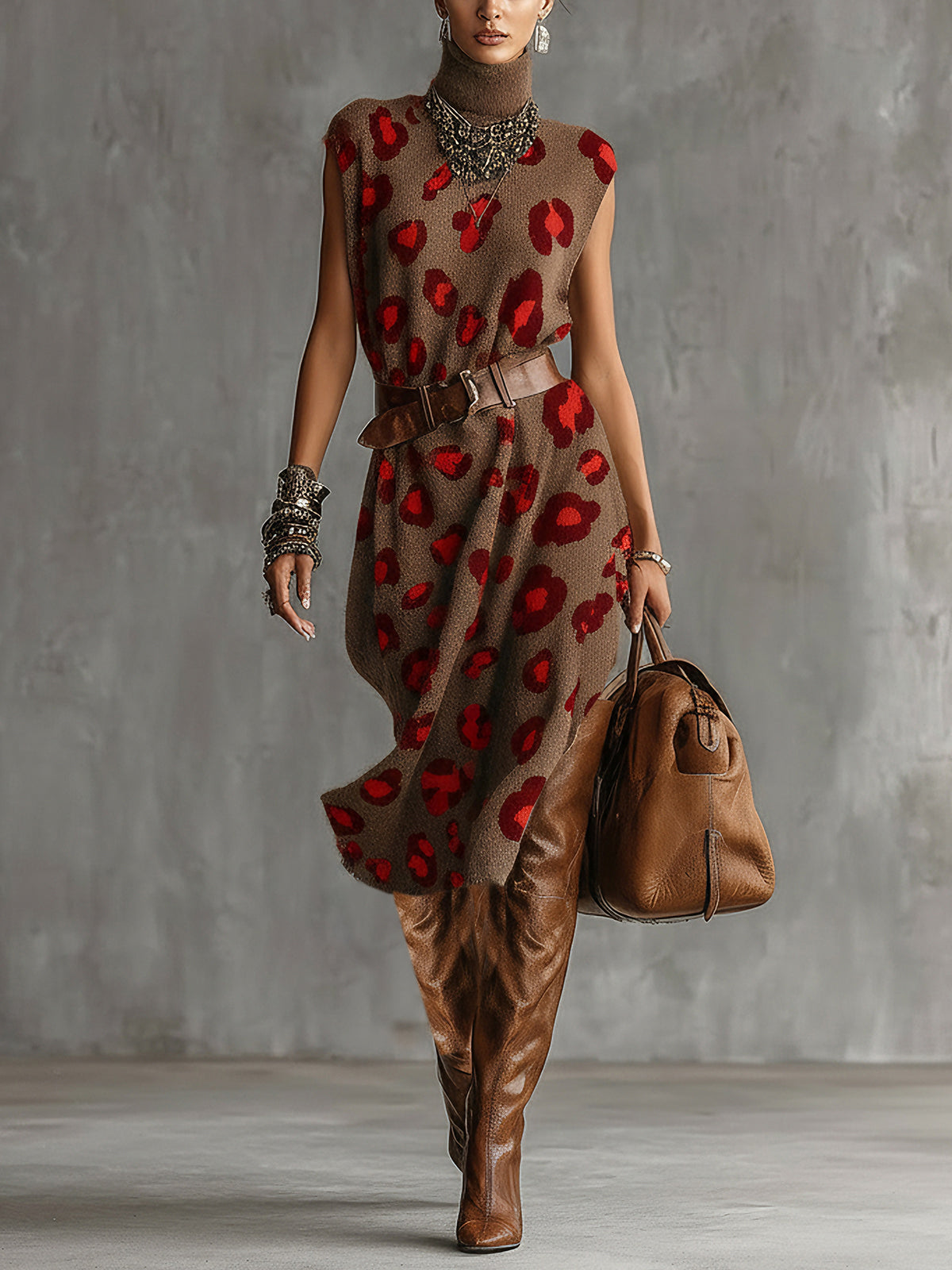Brown And Red Leopard Print Sleeveless Turtleneck Knit Midi Dress With Belt