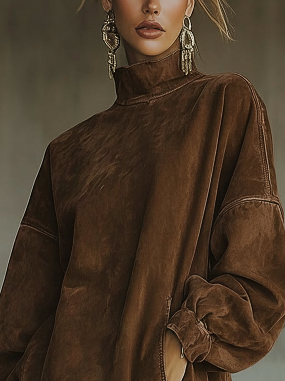 Brown Faux Suede Turtleneck Oversized Dress With Fringe Detail