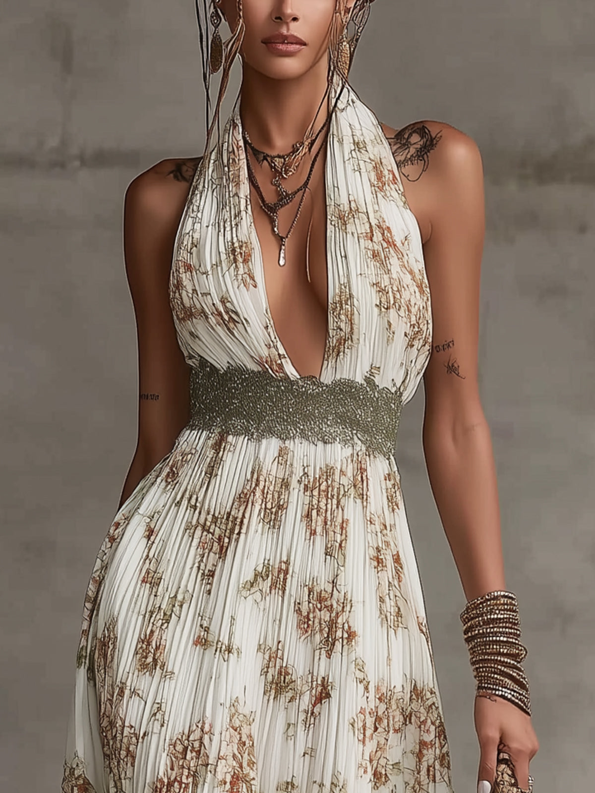 Floral Halter Pleated Maxi Dress With Lace Waist Detail