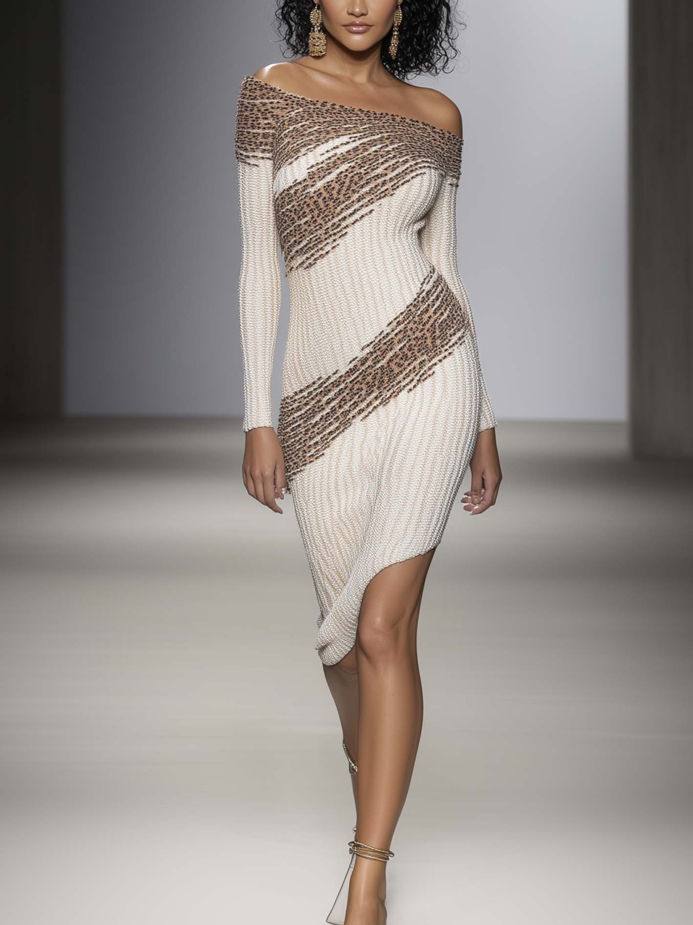 Off Shoulder White Knitted Midi Bodycon Dress With Leopard Print