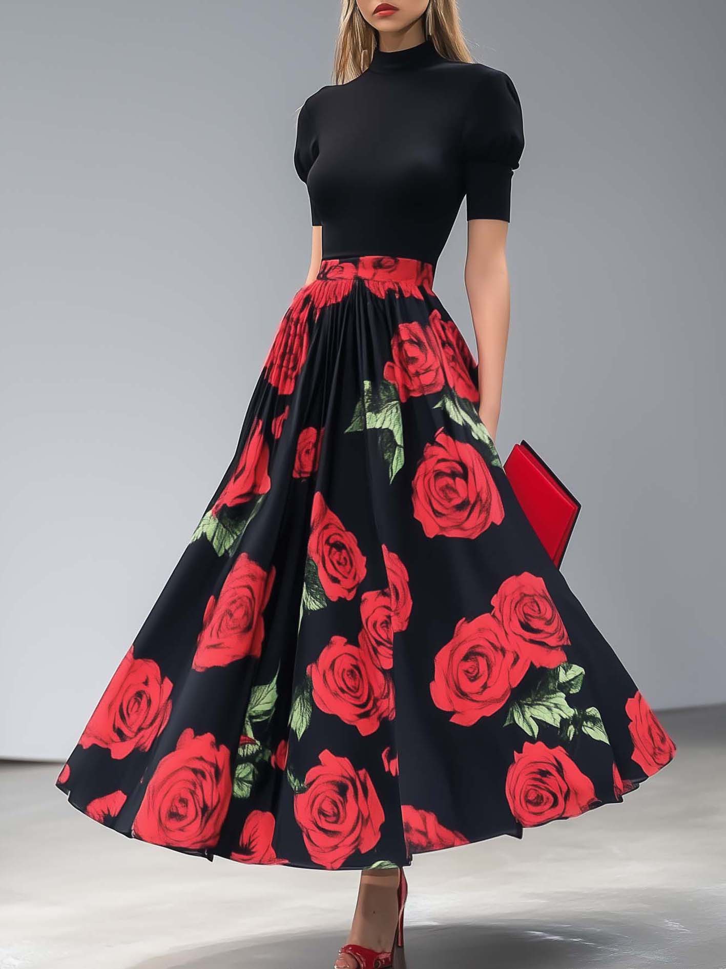 Black Maxi Dress With Red Rose Print