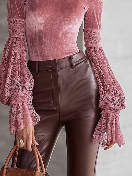 Pink Velvet Cold Shoulder High Neck Shirt With Lace Puff Sleeves