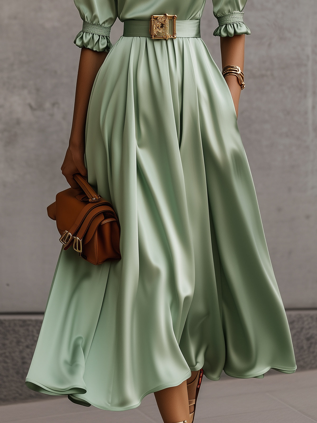 Green Satin Belted Puff Sleeve Round Neck Knee Length Midi Dress