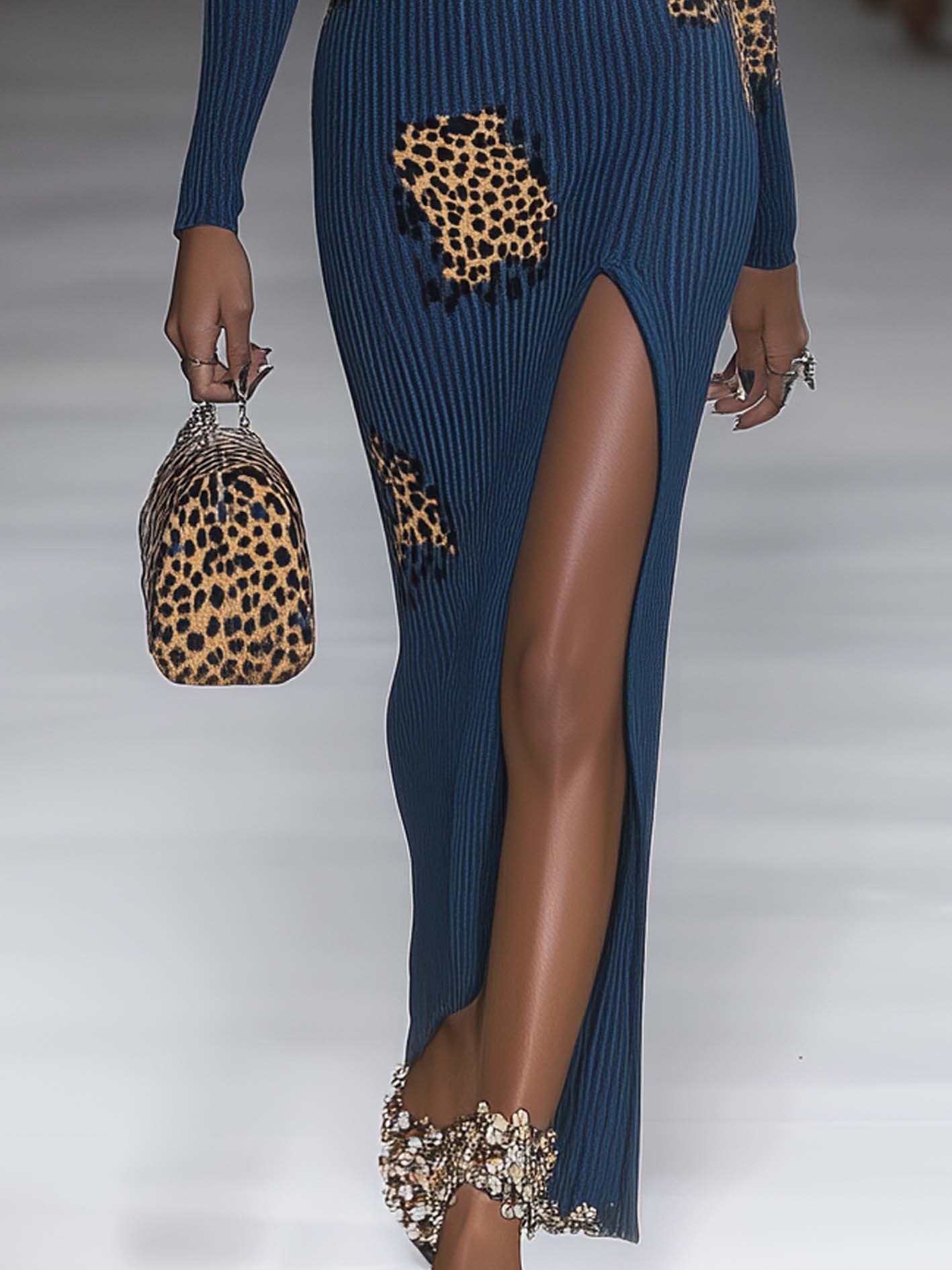 Navy Knitted Side-slit Maxi Dress With Leopard Print