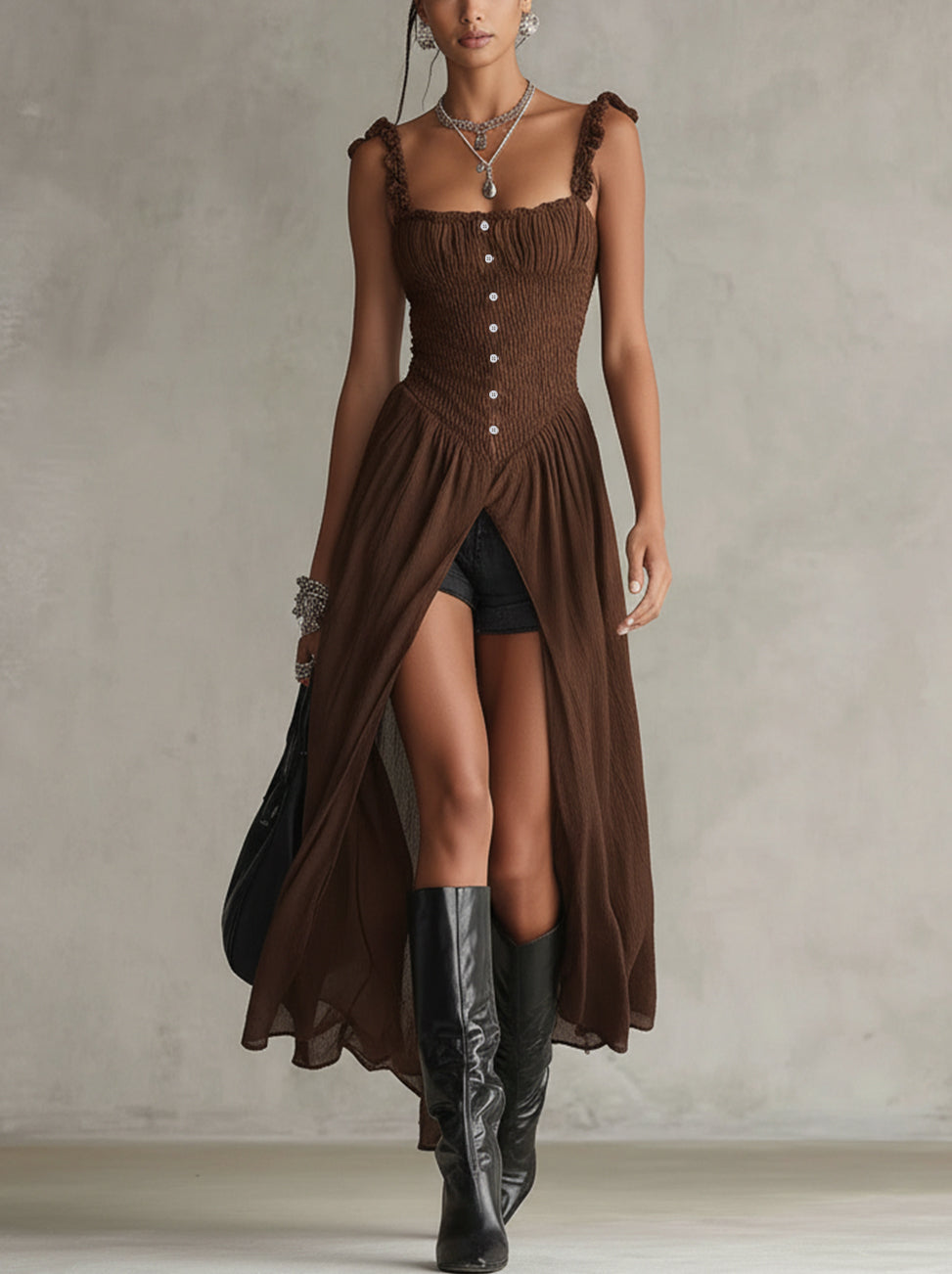 Brown Pleated Front-slit Chiffon Dress