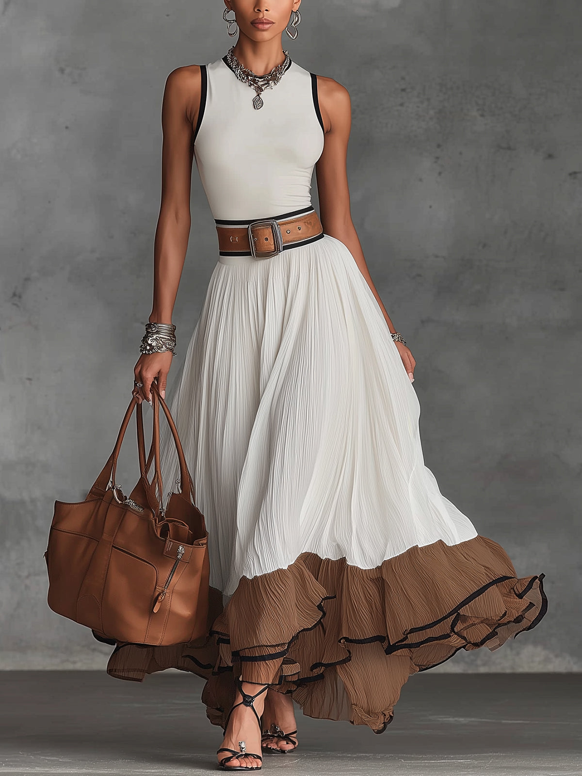 White Sleeveless Pleated Maxi Dress With Contrasting Brown Ruffled Hem