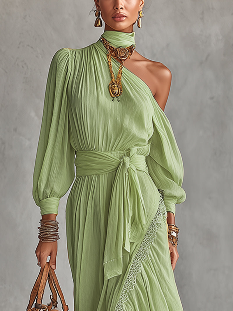 Green One-Shoulder Maxi Dress With Lace Trim And Waist Tie