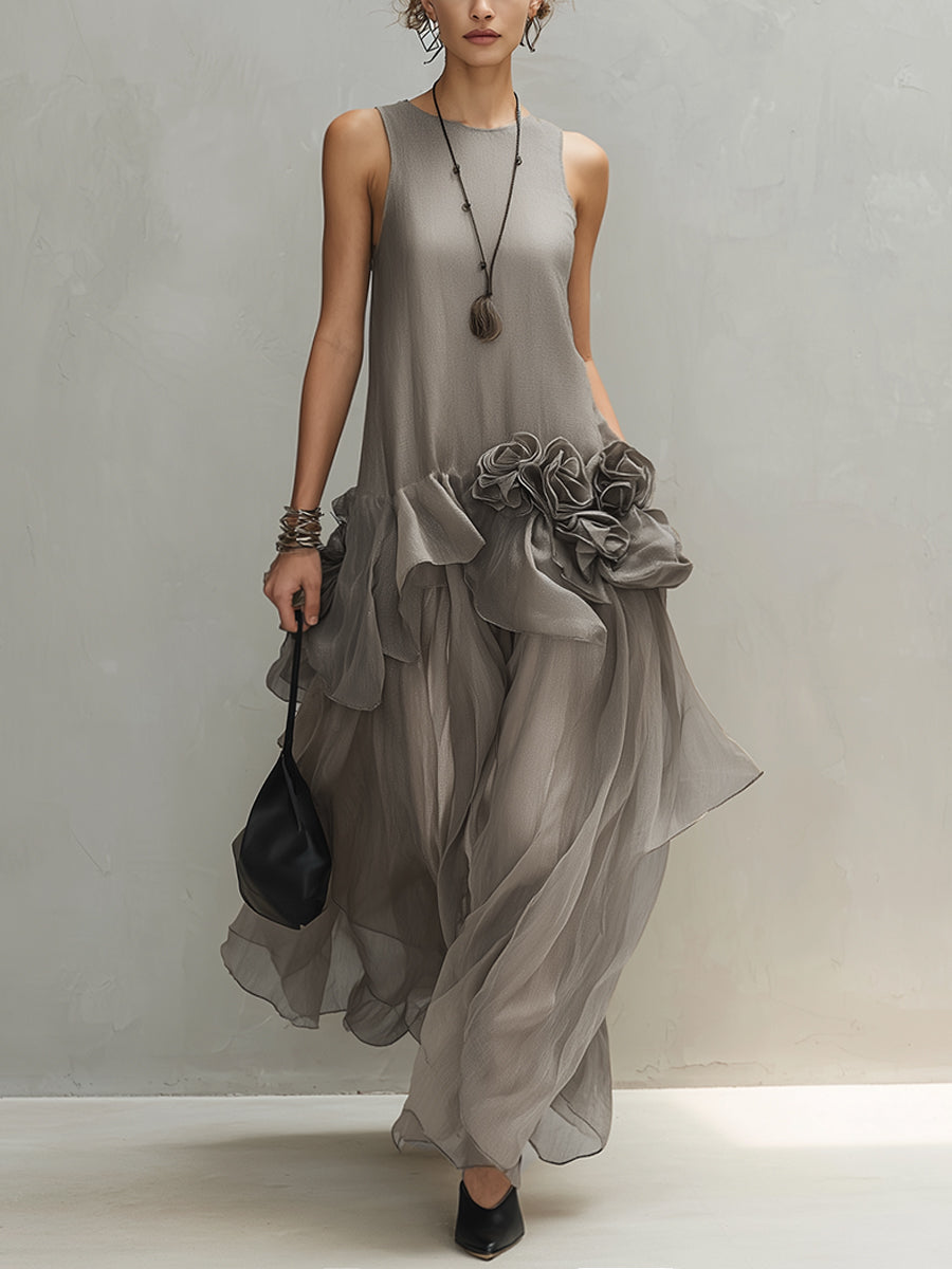 Gray Sleeveless Layered Maxi Dress With Dimensional Floral Accents