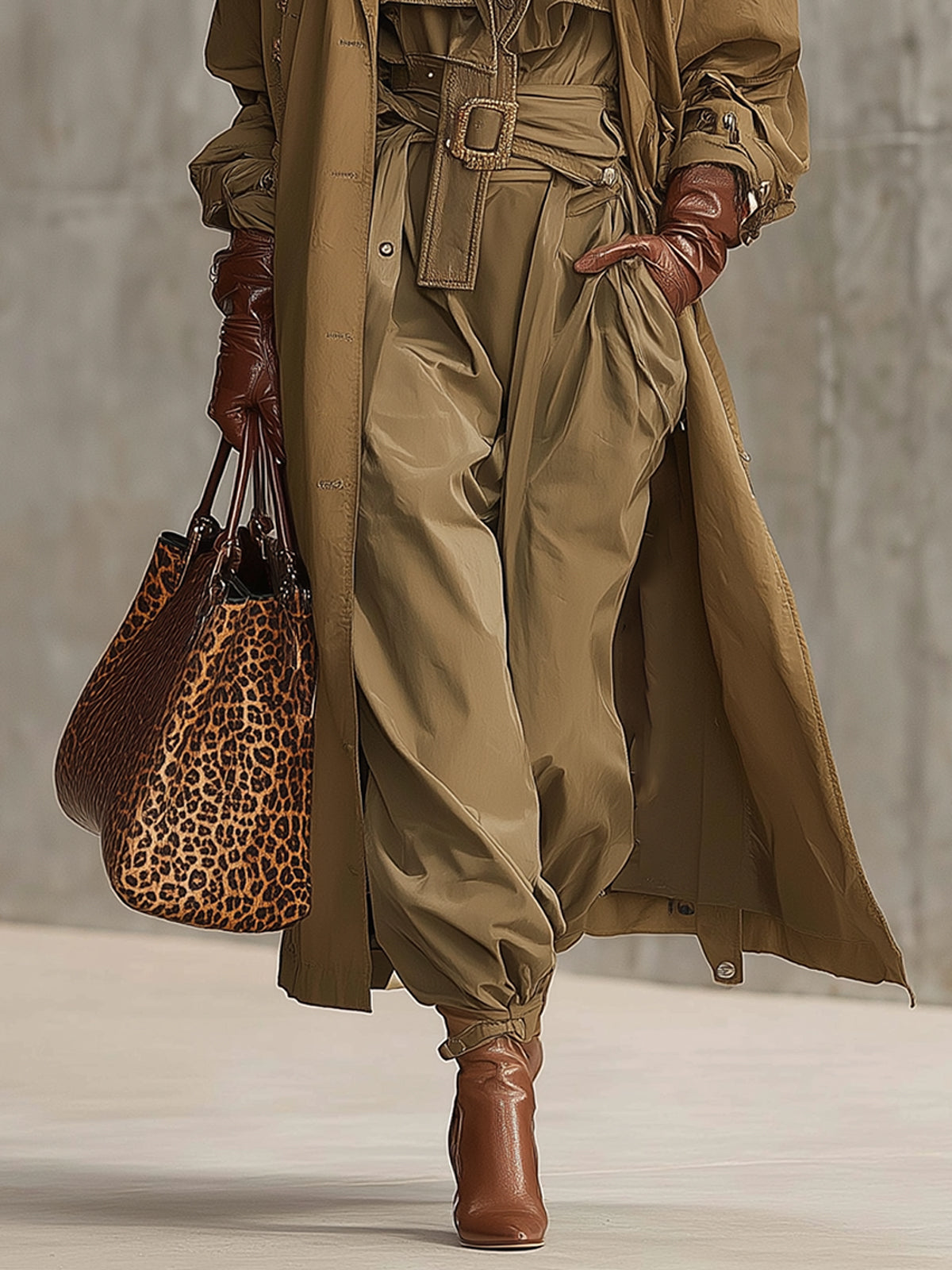 Khaki Belted Trench Coat With Detachable Leopard Fur Collar