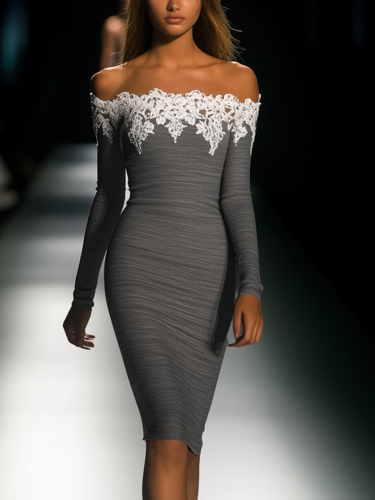 Sophisticated Off Shoulder Bodycon Dress With Lace Trim
