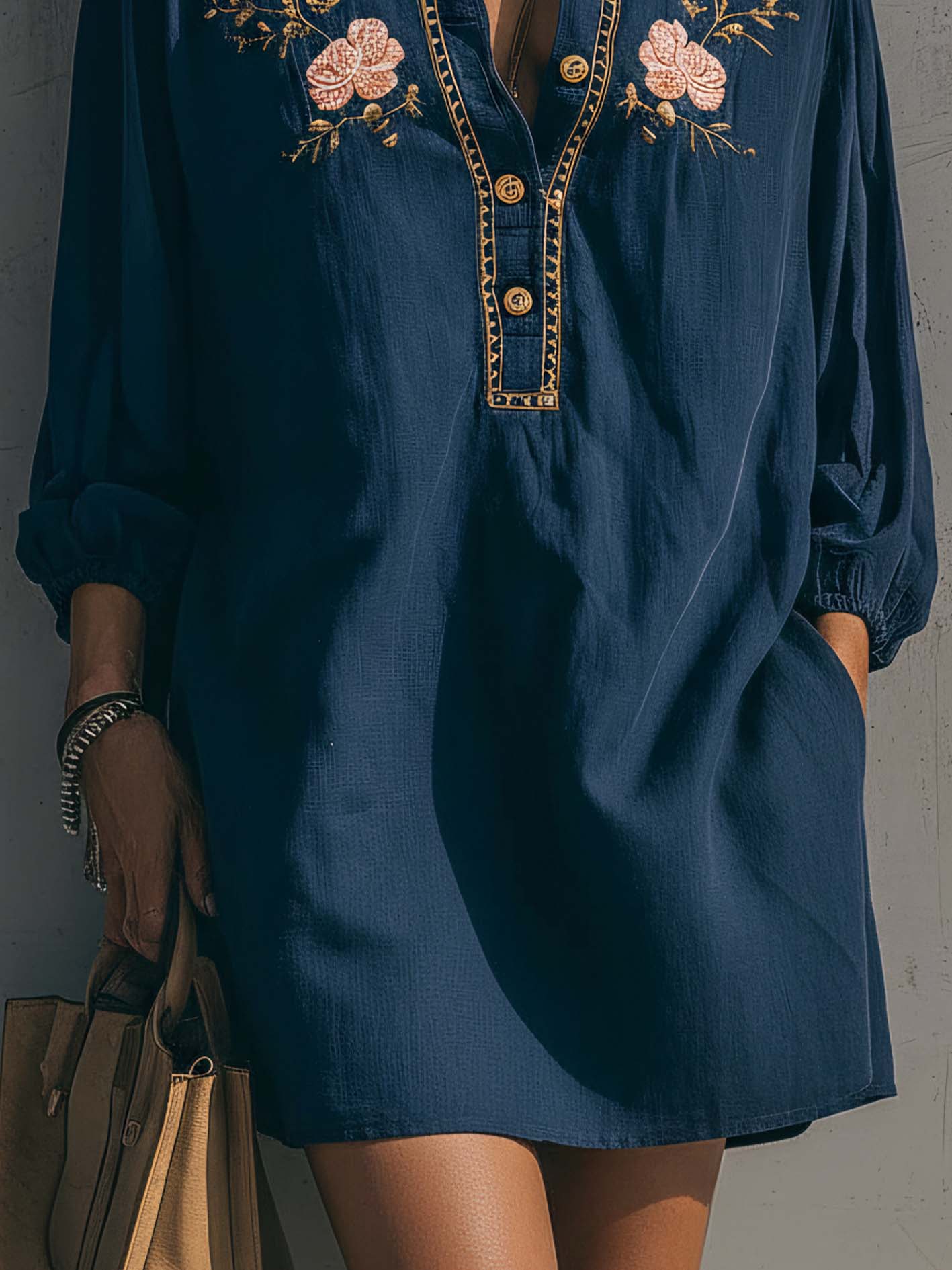 Navy Blue Cotton Linen Floral Embroidered Collared Mini Dress