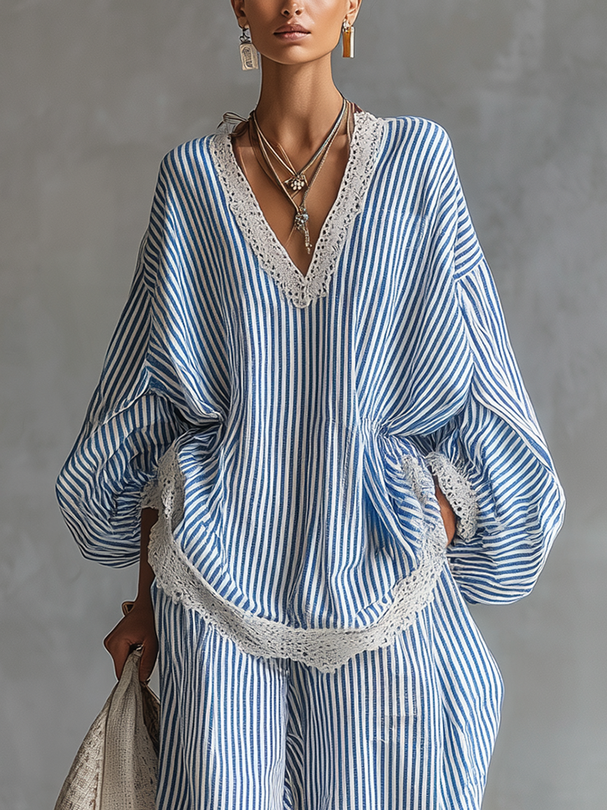 Blue Striped Lace-Trimmed Cotton Relaxed Two-Piece Set