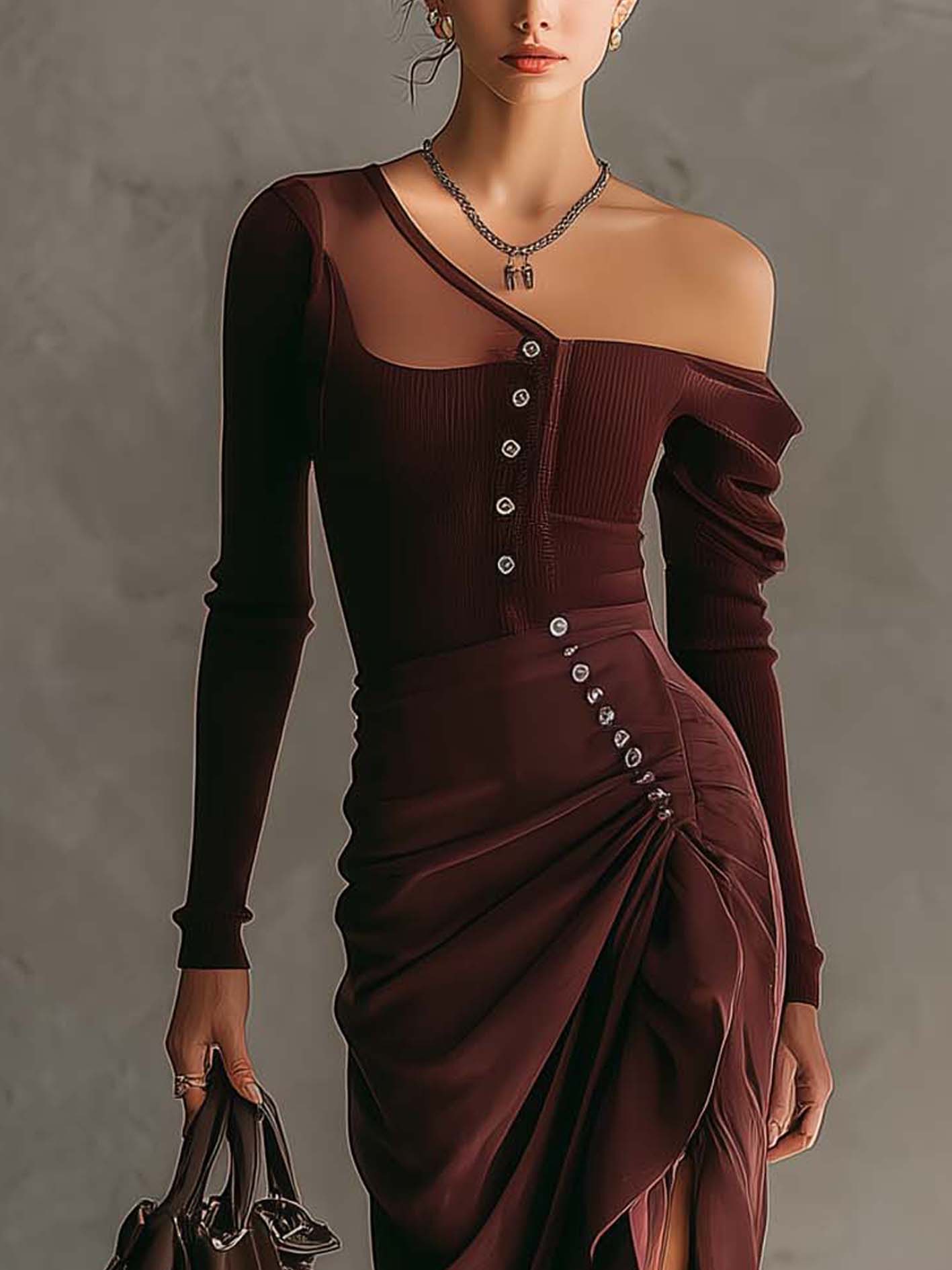 Burgundy Asymmetrical Button Detail Bodycon Dress
