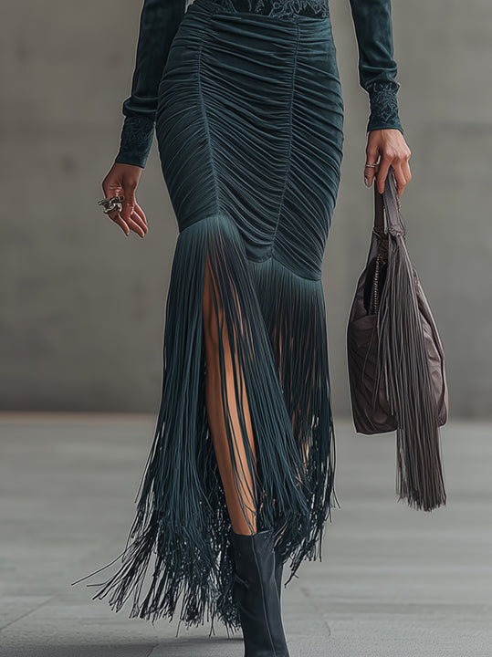 Deep Blue Faux Suede Maxi Dress With Fringe Hem And Embroidery