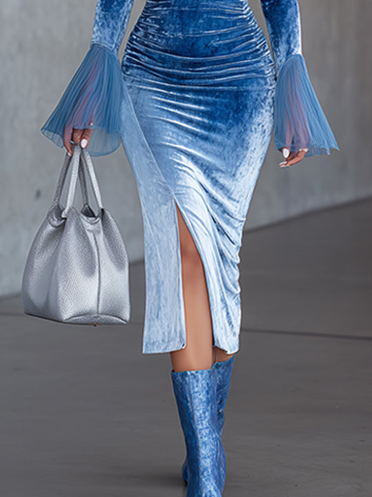 Blue Velvet Pleated Cuff Ruched Bodycon Midi Dress