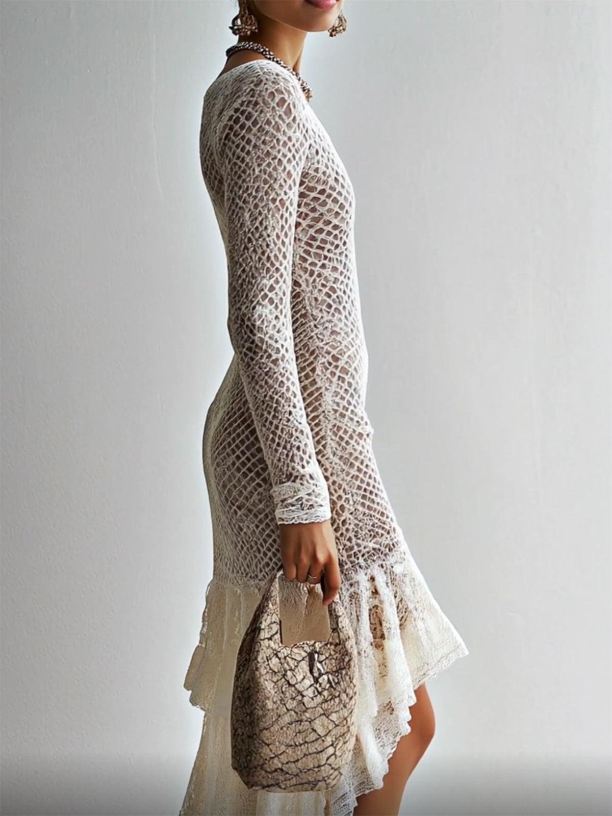 Ivory Crochet Panel Lace Ruffle V-Neck Bodycon Dress