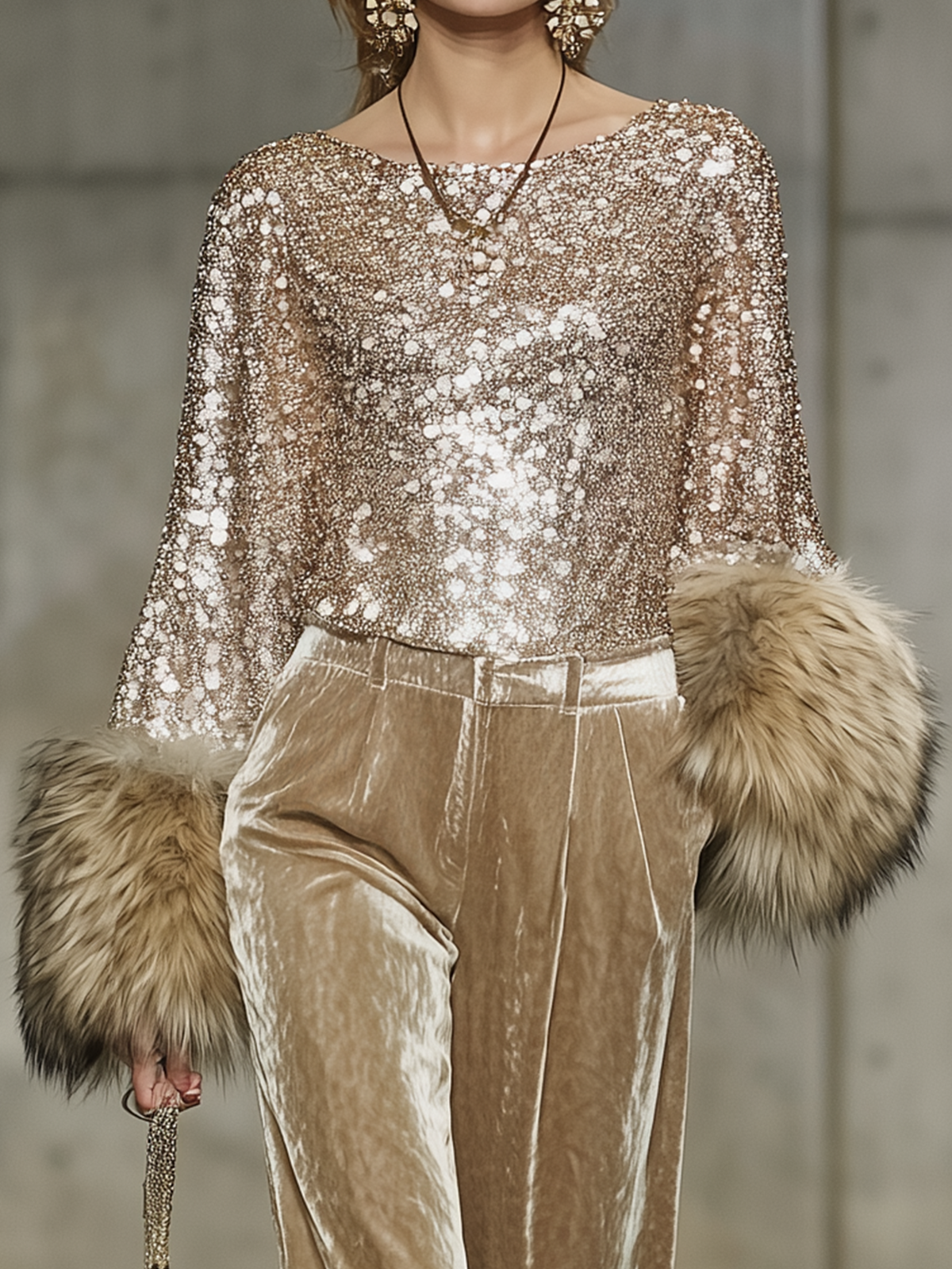 Golden Sequin Chiffon Shirt With Faux Fur Cuff Detail