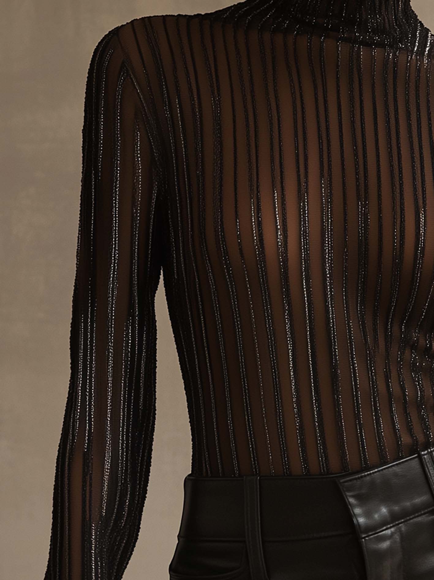 Black Mesh T-shirt With Silver And Lines